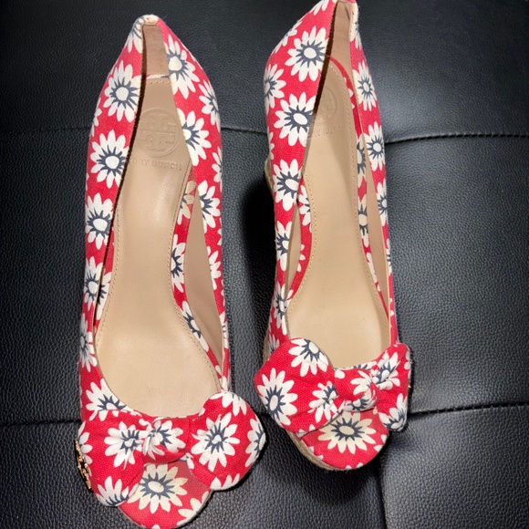 Tory Burch, sandal wedge red Floral size 7.5 - Picture 1 of 3